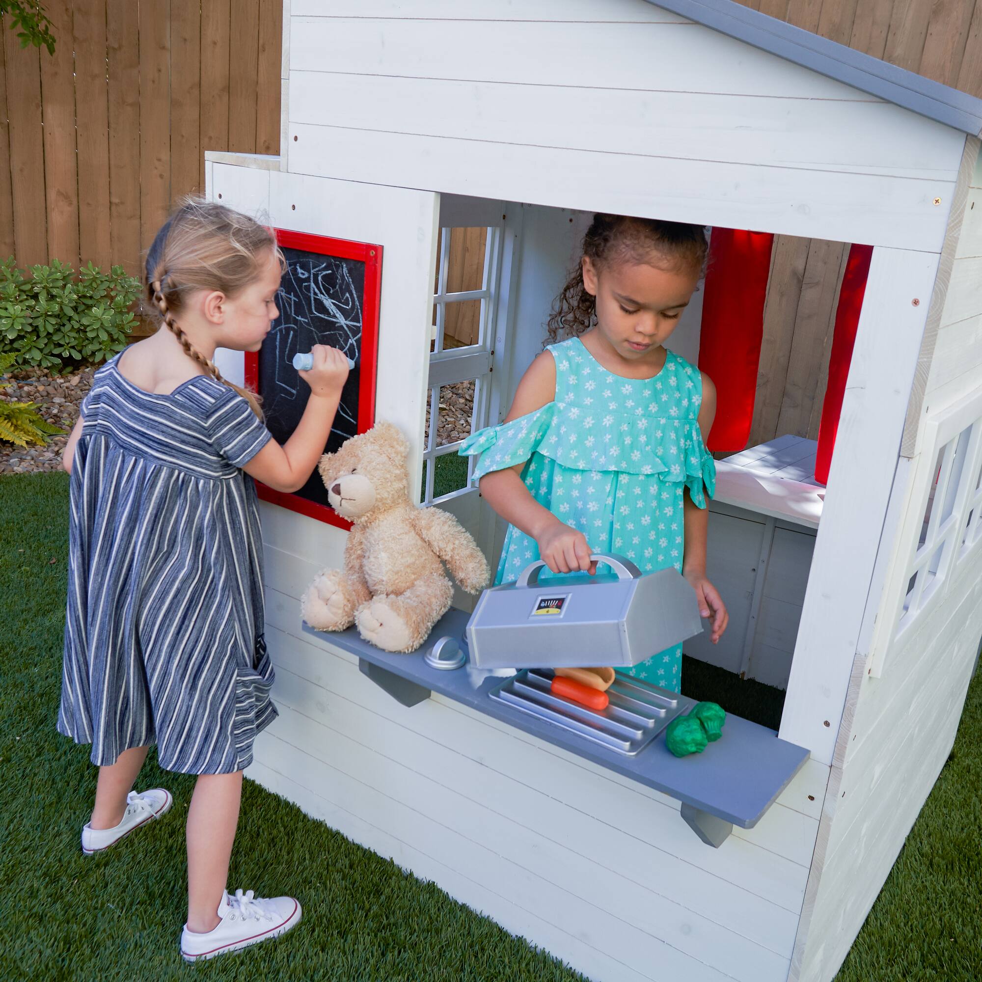 KidKraft White Modern Outdoor Wooden Playhouse with Picnic Table, Mailbox & Outdoor Grill